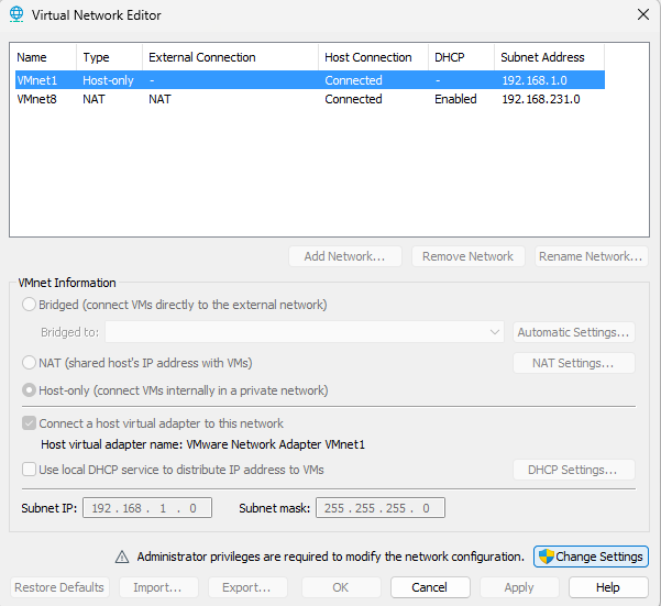 Virtual Network Editor interface showing existing networks
