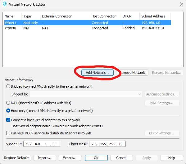 Add Network dialog box in VMware